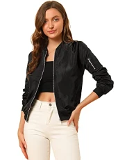 Women's Windbreaker Outerwear with Pockets Casual Coat Zip Up Bomber Jacket Black M