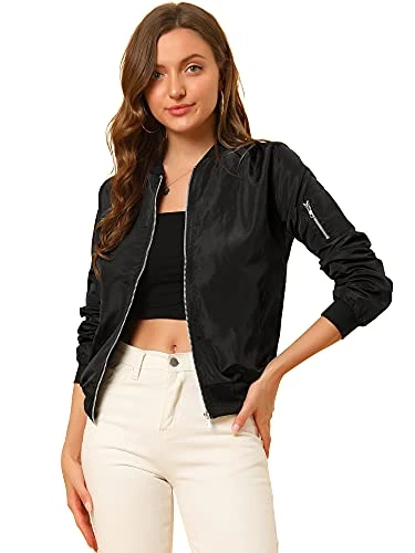 Women's Windbreaker Outerwear with Pockets Casual Coat Zip Up Bomber Jacket Black M