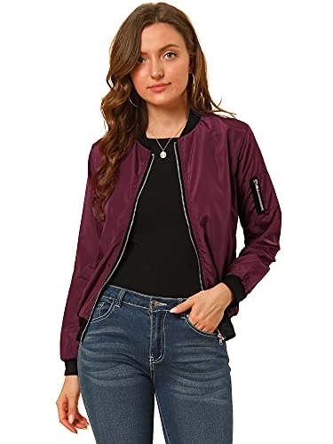 Women's Windbreaker Outerwear with Pockets Casual Coat Zip Up Bomber Jacket Wine Red M