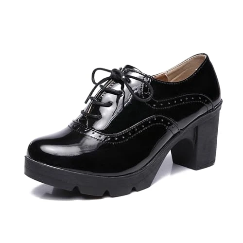 Women's Wingtip Mid Block Heel Platform Oxfords Lace-up Brogue Shoe Black 6 UK