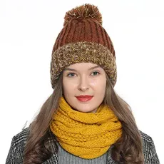 New Trending Women's Winter Beanie and pom-pom with warm and soft lining - Brown Yellow White