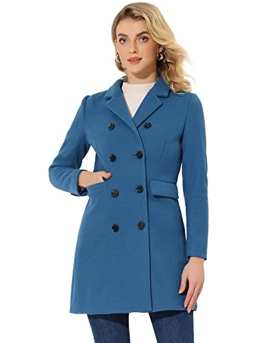 Women's Winter Coat Elegant Notched Lapel Double Breasted Trench Coat, Blue Gray, S