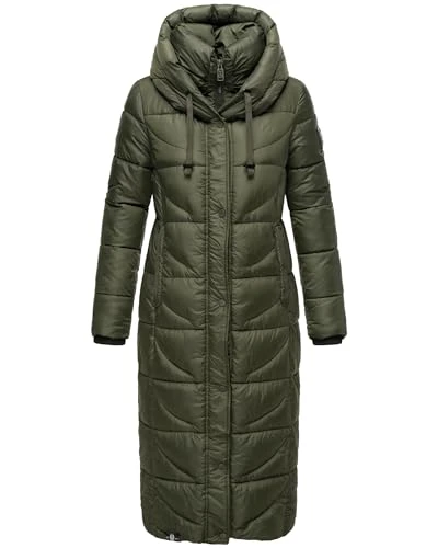 Women's Winter Coat Warm Quilted Coat Extra Long with Hood Waffle XS - XXL, dark olive, S