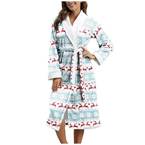 Womens Winter Coats Ladies Lengthened Bathrobe Warm Trendy Long Sleeve Lapel Splicing Winter Soft Printed Bath Gown Sleepwear Pajiamas Dress Sleep Blue