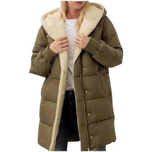 Womens Winter Coats Sherpa Lined Hooded Cotton Coat Casual Fleece Lined Outerwear Thick Warm Winter Jackets Ladies Padded Puffer Coat Army GreenXXXL3X-Large