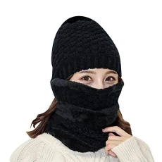 Womens Winter Cotton Blend Knitted Hats Shawls Hooded Caps Two Pieces Sets of Cap with Masks Black