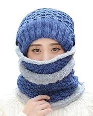 Womens Winter Cotton Blend Knitted Hats Shawls Hooded Caps Two Pieces Sets of Cap with Masks Blue