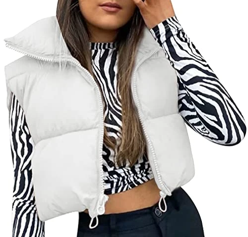 Women’s Winter Crop Vest Sleeveless Warm Zip Up Stand Collar Outwear Padded Down Jackets