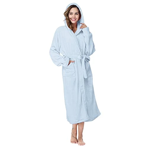 Women's Winter Dressing Gown with Hood Plus Size, Comfortable Long Sleeve Bathrobe Long Bathrobe Pool Bathrobe for Gym Women Elegant Flannel Bathrobe for Home Hotel Spa, blue, L