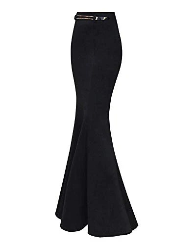 Women's Winter Elegant Pencil Ruffled Fishtail Skirt Casual Office Wear Black M