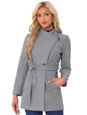 Women's Winter Elegant Stand Collar Long Sleeve Long Belted Coats Grey L