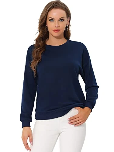 Women's Winter Fall Stretchy Crew Neck Long Sleeve Polka Dots Pullover Knitted Top Navy Blue XS