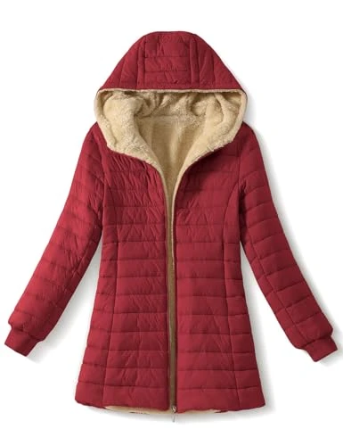 Women's Winter Hooded Quilted Jacket Mid Length Slim Warm Zipper Coat Lightweight Fleece-Lined Outerwear with Pocket, Wine Red, Large