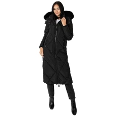 Women's Winter Jacket Ladies Coat Puffer Removable Faux Fur Hood Pockets Quilted Padded Longline Puf