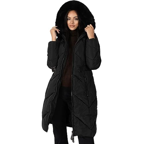 Women's Winter Jacket Ladies Coat Quilted Padded Faux Fur Hood Belted Puffa Zip Front Pockets Puffer