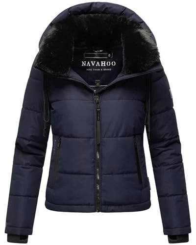 Women's Winter Jacket Quilted Jacket Warm with Removable Hood and Faux Fur Collar with Love XIV XS-XXL, navy, M