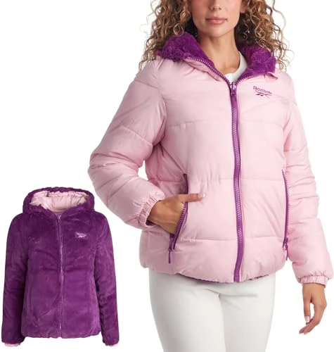 Women's Winter Jacket - Reversible Quilted Puffer Coat with Sherpa Fleece Lining - Reversible Jacket for Women (S-XL), Mauve/Purple, M