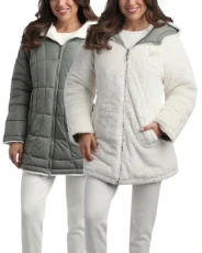 Women's Winter Jacket - Reversible Quilted Puffer with Sherpa Fleece Lining – Parka Coat for Women (S-3X, Plus Size), Sage, S