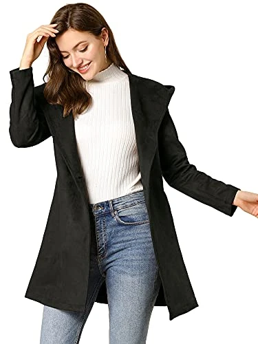 Women's Winter Lapel Hooded Wrap Belted Long Coat with Pockets Black L