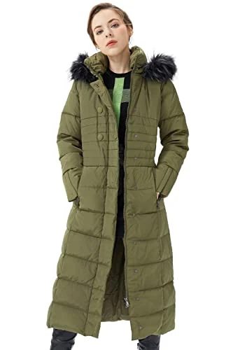 Women's Winter Long Down Jacket with Fur Hood Raglan Sleeve Coat Quilted Comfort Jacket Armygreen M