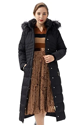 Women's Winter Long Down Jacket with Fur Hood Raglan Sleeve Coat Quilted Comfort Jacket Black L