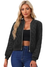 Women's Winter Outwear Zipper Velvet Surface Diamond Quilted Bomber Jacket with Pockets, Black, XL