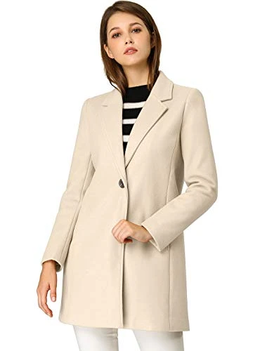 Women's Winter Overcoat Notched Lapel Long Sleeve One Buttoned Mid-Length Long Coat, Beige, M