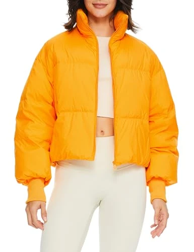 Women's Winter Puffer Jacket Stand Collar Bubble Oversized Silhouette Short Down Coat Orange M