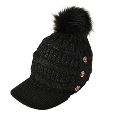 Women's Winter Thick Knitted Beanie Visor Cap Pom Pom Hat with Fleece Lining (Black) Women's Winter Thick Knitted Beanie Visor Cap Pom Pom Hat with Fleece Lining (Black)