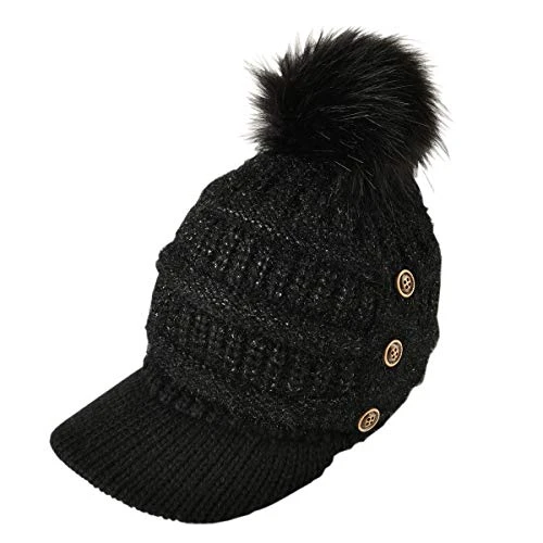 Women's Winter Thick Knitted Beanie Visor Cap Pom Pom Hat with Fleece Lining (Black)