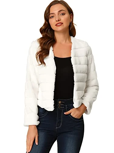 Women's Winter Warm Cropped Jacket Collarless Faux Fur Fluffy Coat White XL