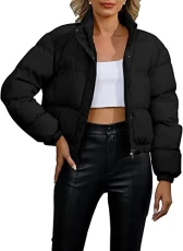 Women's Winter Warm Cropped Puffer Jacket Zip Up Stand Collar Quilted Padded Down Coat