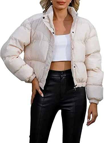 Women's Winter Warm Cropped Puffer Jacket Zip Up Stand Collar Quilted Padded Down Coat