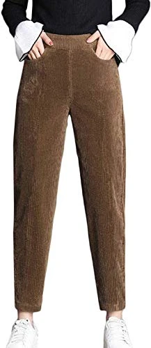 Women's Winter Warm Elastic Waist Sherpa Lined Corduroy Tapered Pants Thick Harem Trousers (UK 16, Brown)