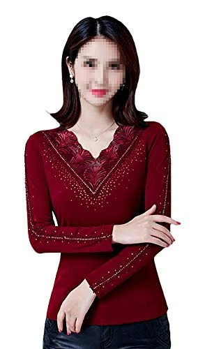 Women's Winter Warm Fleece Lined Lace V Neck Long Sleeve T-Shirt (UK 14, Red)