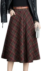 Women's Winter Warm High Waist Plaid A-Line Pleated Midi Skirt (14, Red)