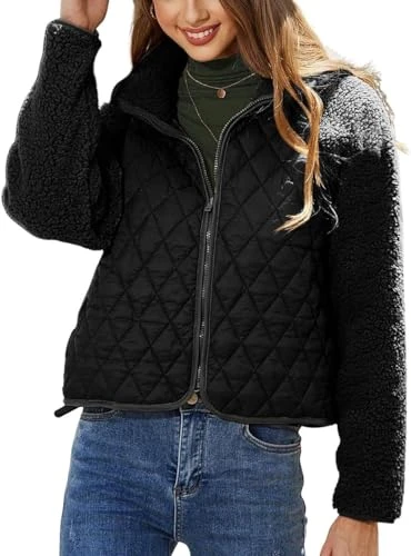 Women's Winter Warm Lightweight Quilted Jacket Fuzzy Fleece Patchwork Zip-Up Short Coat Outwear