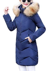 Women's Winter Warm Long Quilted Coat Puffer Jacket Thicken Outerwear with Removable Faux Fur Hooded (UK 12, Blue)