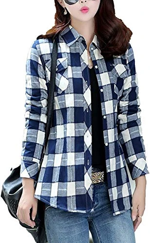 Women's Winter Warm Long Sleeves Fleece Lined Plaid Shirt Blouse Navy Grey