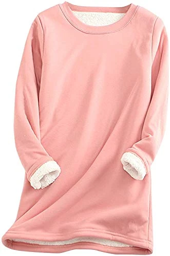 Womens Winter Warm Sherpa Fleece Lined Crewneck Pullover Sweatshirt (UK 8, Pink)