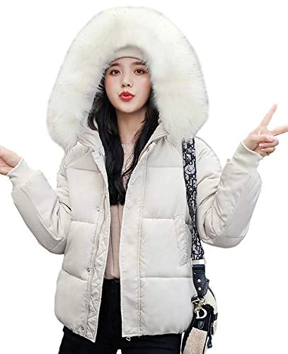 Women's Winter Warm Short Puffy Alternative Down Jacket with Fur Collar Hooded (UK 4, White)