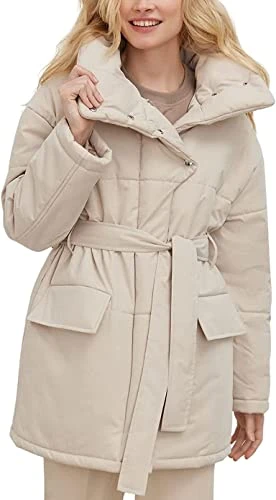 Women's Winter Warm Stand Collar Belted Mid Long Puffer Jacket Quilted Down Puffer Coat