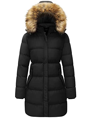 Women's Winter Warm Thicken Long Coat Warm Quilted Jacket with Faux Fur Removable Hood Black L