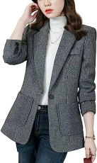 Women's Winter Wool Blend Blazer Suit Open Front Button Slim Work Office Business Blazer Suit Jackets Black Grey