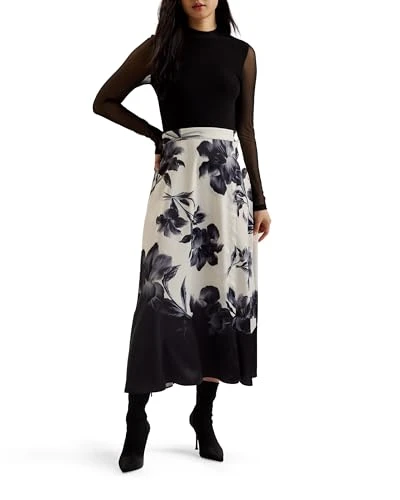 Womens WMD-selnaa-mesh Top Printed Skirt Midi Special Occasion Dress, Black, 14 UK