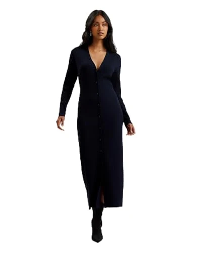Womens Wmk-elmhaa-Ribbed Knitted V Neck Maxi Cardigan Sweater, Navy, 12 UK