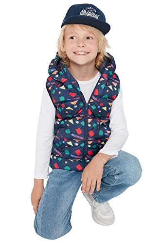 Women's Woman Regular Puffer Hood Woven Vest Sweater, Navy Blue, 3–4 Years