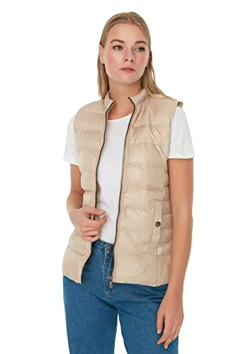 Women's  Woman Regular Puffer Standing Collar Woven Vest Sweater, Beige, S UK