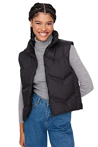 Women's Woman Regular Puffer Standing Collar Woven Vest Sweater, Black, L