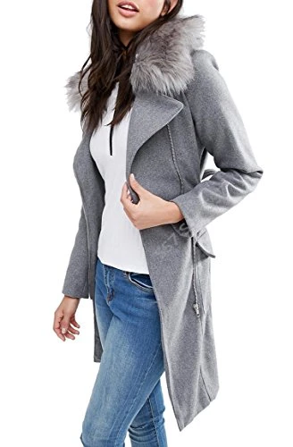 Women's Wool Blend Fur Collar Coat, Black, Grey, Sizes 8 to 16 (UK - 14, Grey)